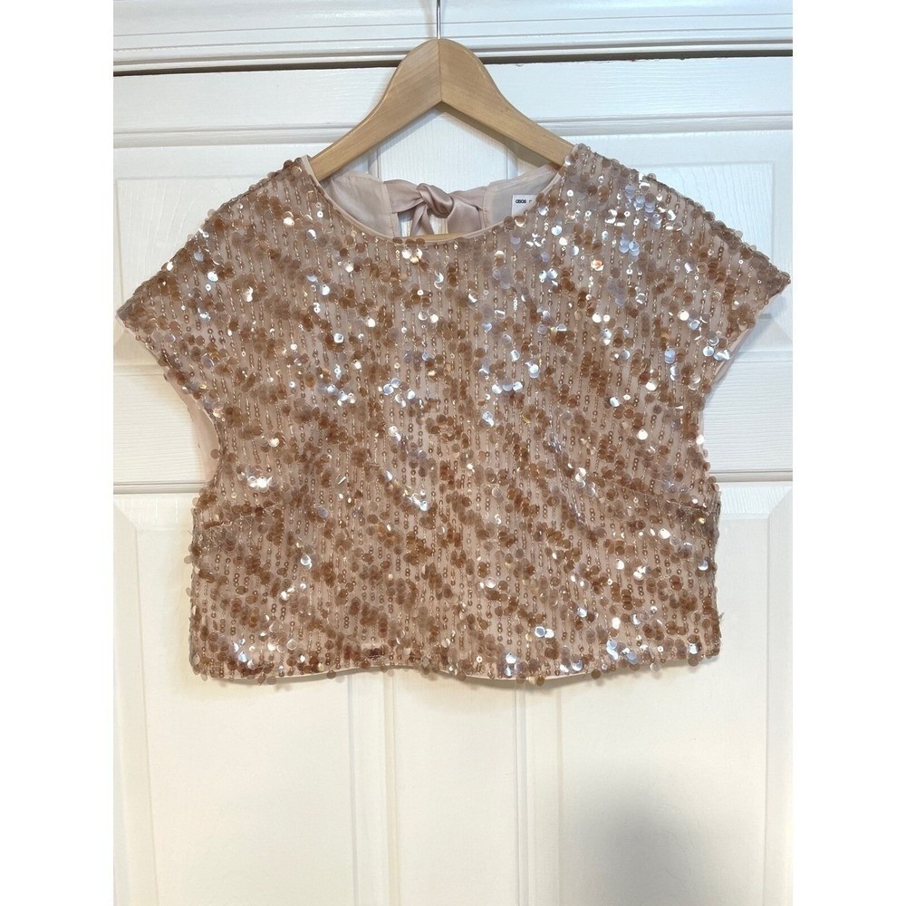 ASOS Crop Sequin Chamapgne Blush Pink Top Ribbon Bow Festival Party Concert L